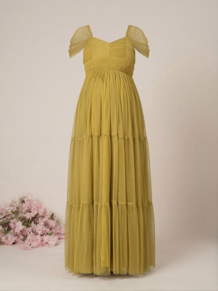 Olive Green Maternity Tiered Tulle Evening Dress