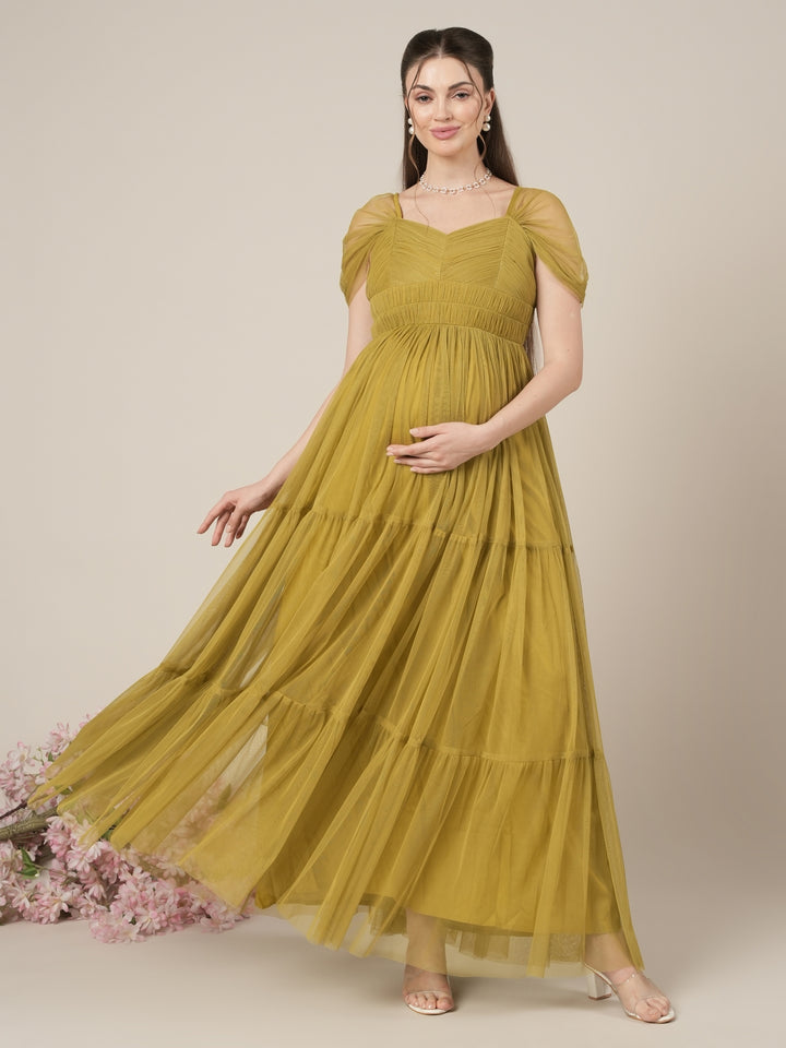 Olive Green Maternity Tiered Tulle Evening Dress