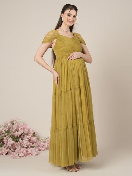 Olive Green Maternity Tiered Tulle Evening Dress