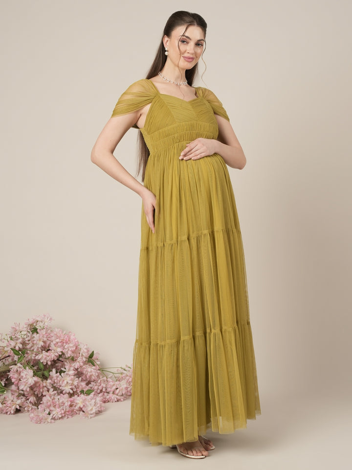 Olive Green Maternity Tiered Tulle Evening Dress