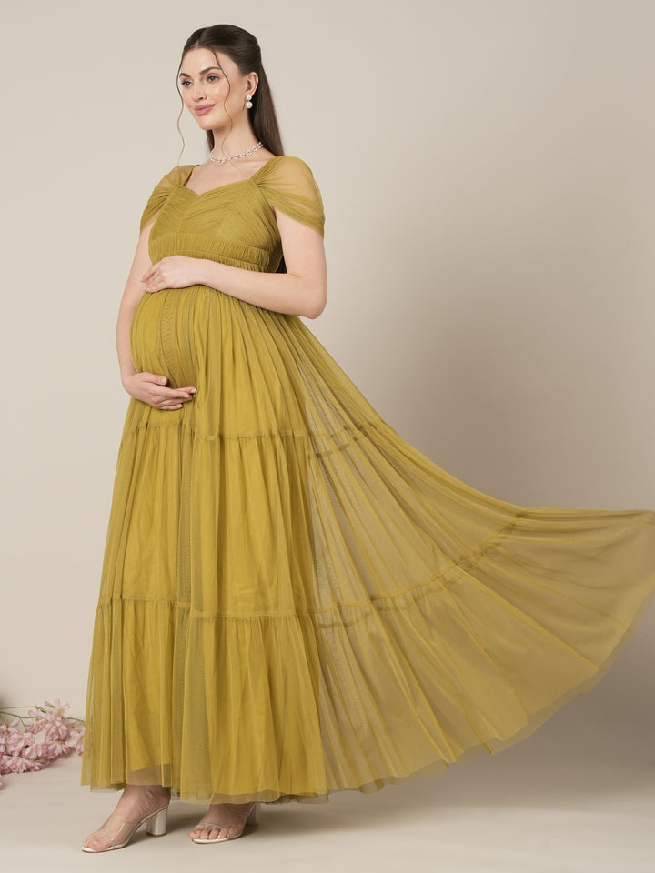 Olive Green Maternity Tiered Tulle Evening Dress