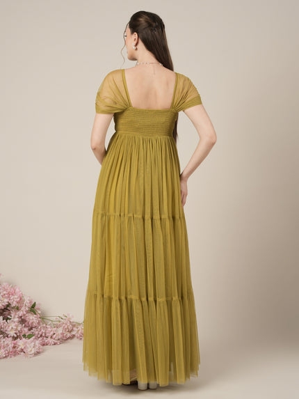 Olive Green Maternity Tiered Tulle Evening Dress