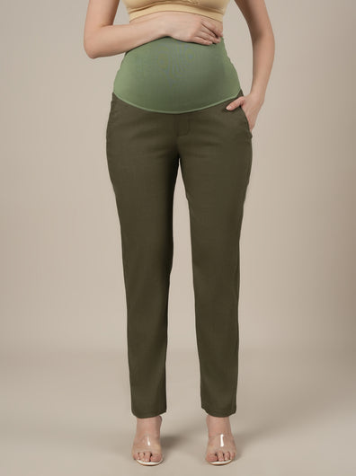 Stretchy Cotton Linen Tapered Fit Maternity Trousers-Olive Green