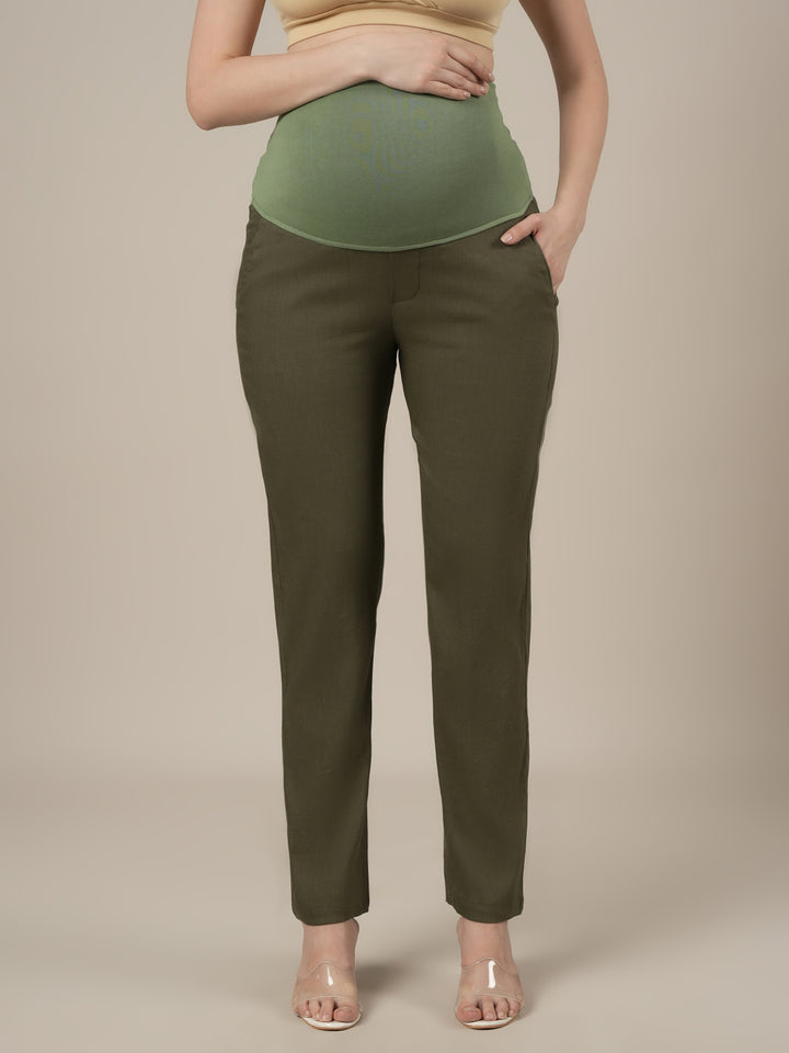 Stretchy Cotton Linen Tapered Fit Maternity Trousers-Olive Green