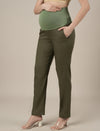 Stretchy Cotton Linen Tapered Fit Maternity Trousers-Olive Green