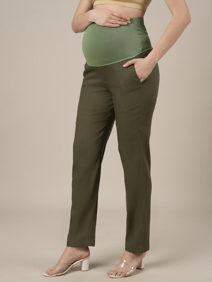 Stretchy Cotton Linen Tapered Fit Maternity Trousers-Olive Green
