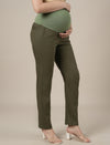 Stretchy Cotton Linen Tapered Fit Maternity Trousers-Olive Green