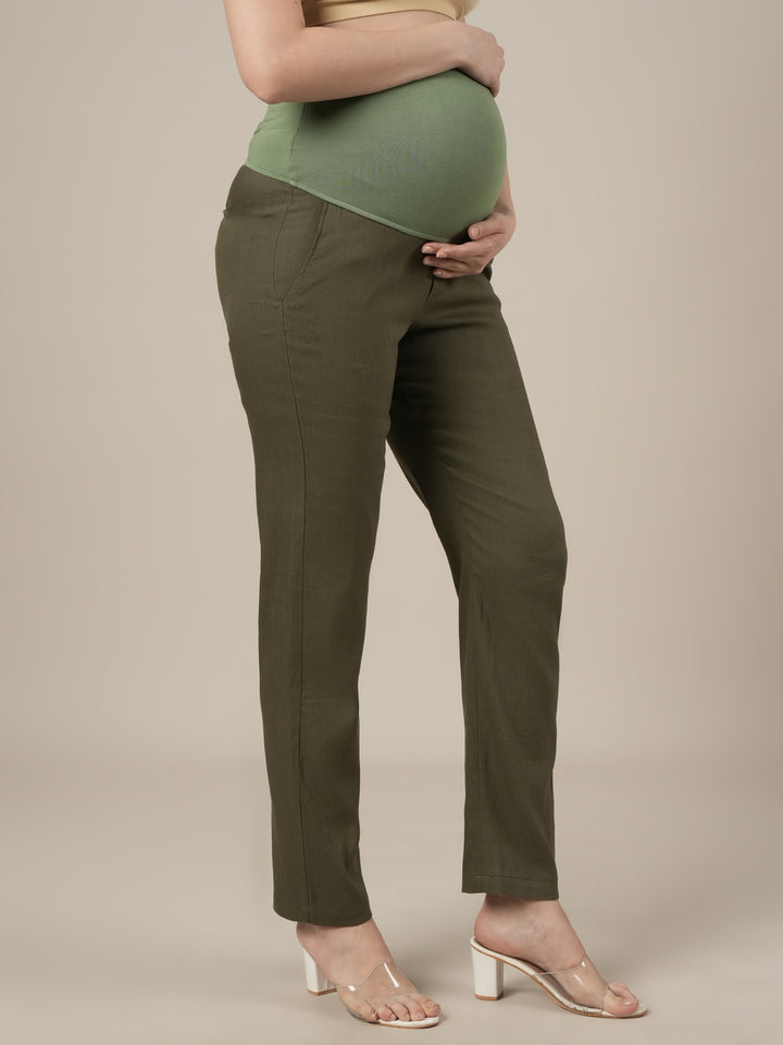 Stretchy Cotton Linen Tapered Fit Maternity Trousers-Olive Green