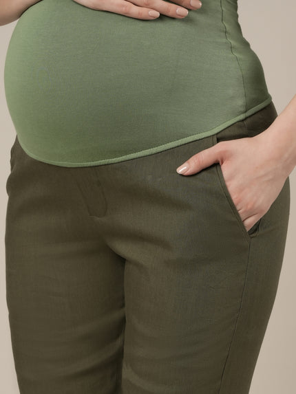 Stretchy Cotton Linen Tapered Fit Maternity Trousers-Olive Green