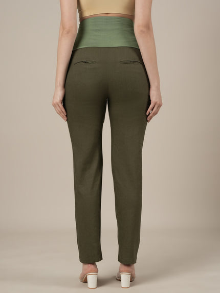 Stretchy Cotton Linen Tapered Fit Maternity Trousers-Olive Green
