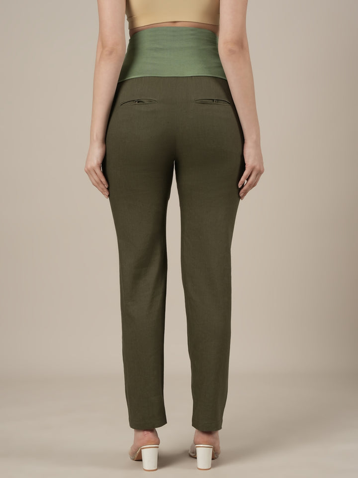 Stretchy Cotton Linen Tapered Fit Maternity Trousers-Olive Green