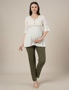 Stretchy Cotton Linen Tapered Fit Maternity Trousers-Olive Green