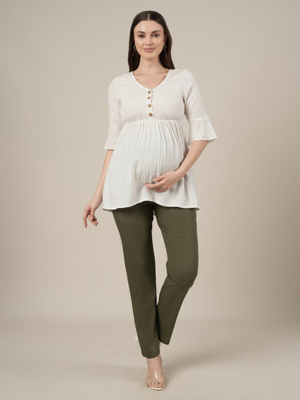 Stretchy Cotton Linen Tapered Fit Maternity Trousers-Olive Green