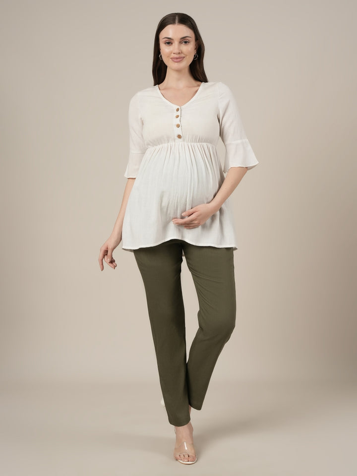 Stretchy Cotton Linen Tapered Fit Maternity Trousers-Olive Green