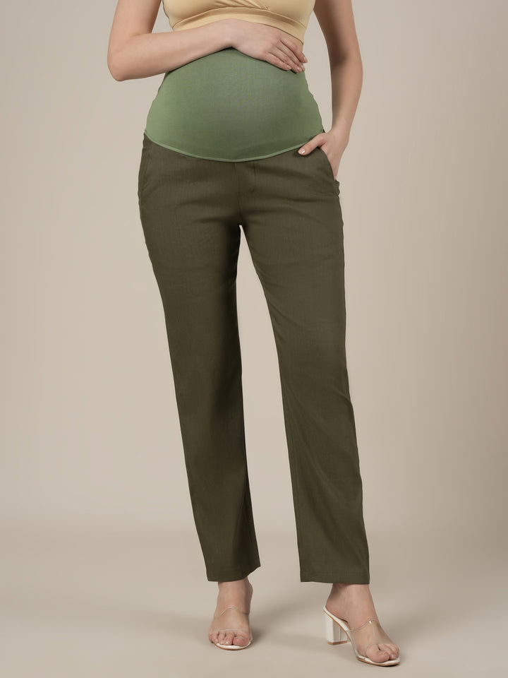 Stretchy Cotton Linen Straight Fit Maternity Trousers-Olive Green