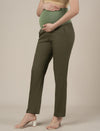 Stretchy Cotton Linen Straight Fit Maternity Trousers-Olive Green