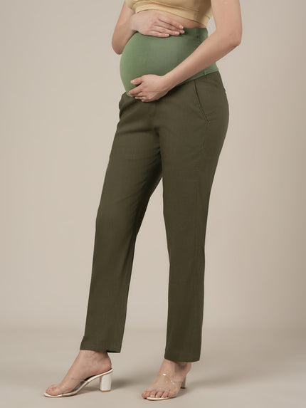 Stretchy Cotton Linen Straight Fit Maternity Trousers-Olive Green