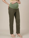 Stretchy Cotton Linen Straight Fit Maternity Trousers-Olive Green