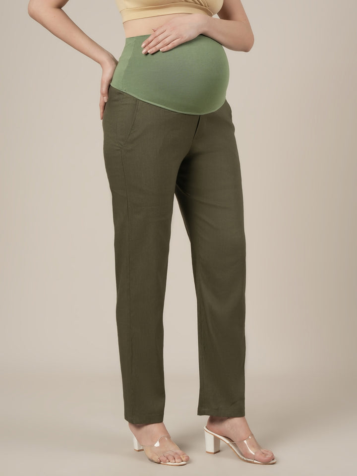 Stretchy Cotton Linen Straight Fit Maternity Trousers-Olive Green