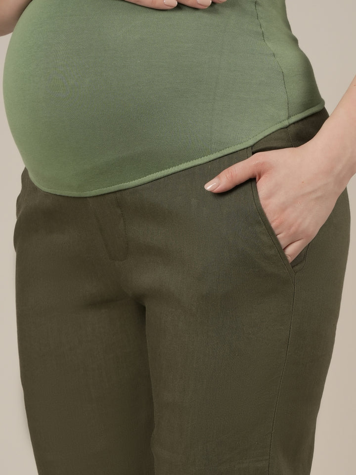 Stretchy Cotton Linen Straight Fit Maternity Trousers-Olive Green