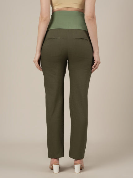 Stretchy Cotton Linen Straight Fit Maternity Trousers-Olive Green