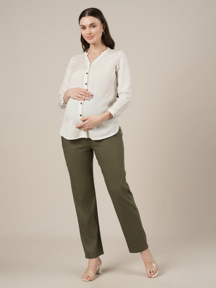 Stretchy Cotton Linen Straight Fit Maternity Trousers-Olive Green
