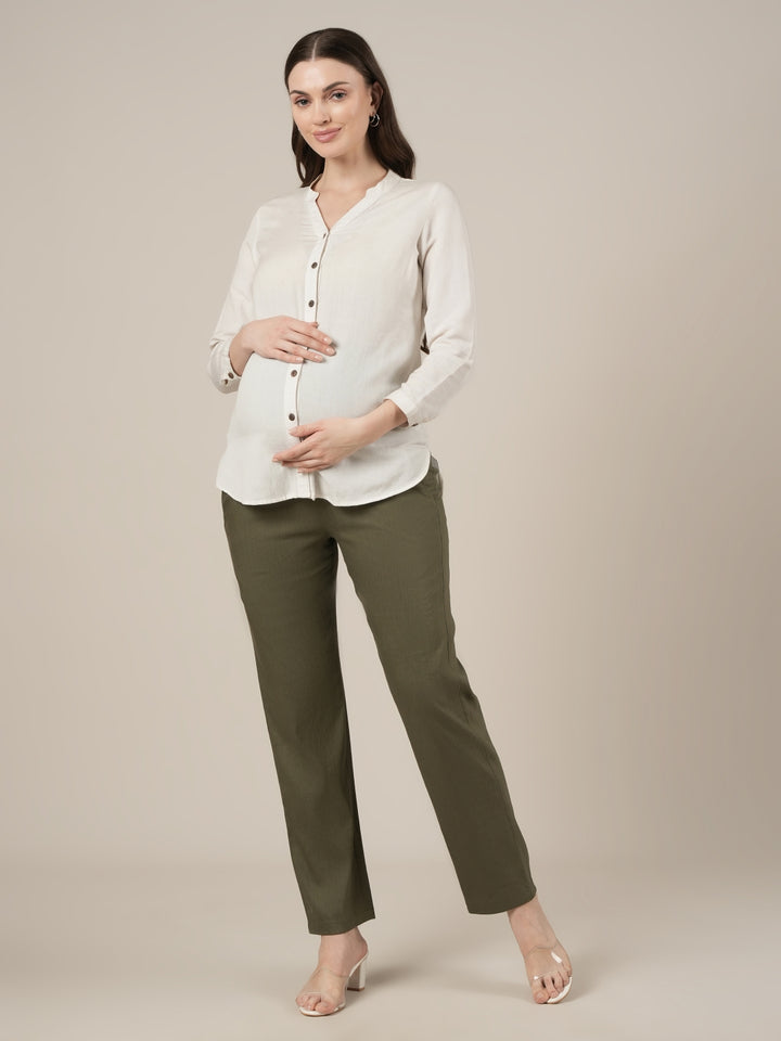 Stretchy Cotton Linen Straight Fit Maternity Trousers-Olive Green