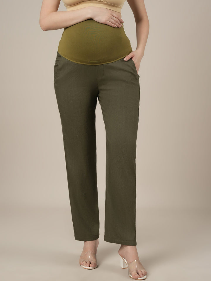 Stretchy Cotton Linen Wide Leg Maternity Trousers-Olive Green