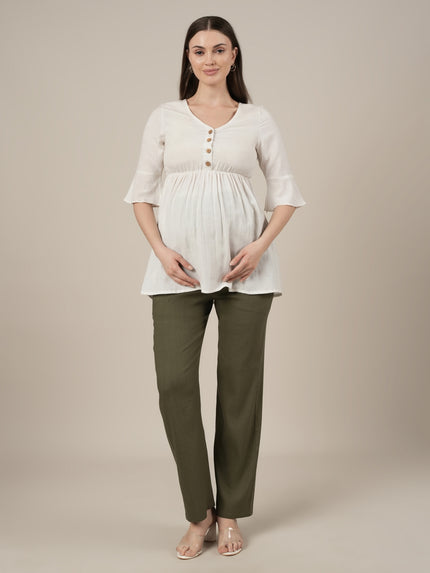 Stretchy Cotton Linen Wide Leg Maternity Trousers-Olive Green