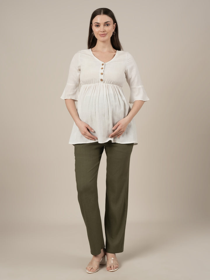 Stretchy Cotton Linen Wide Leg Maternity Trousers-Olive Green