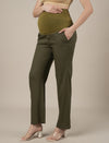 Stretchy Cotton Linen Wide Leg Maternity Trousers-Olive Green