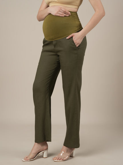 Stretchy Cotton Linen Wide Leg Maternity Trousers-Olive Green