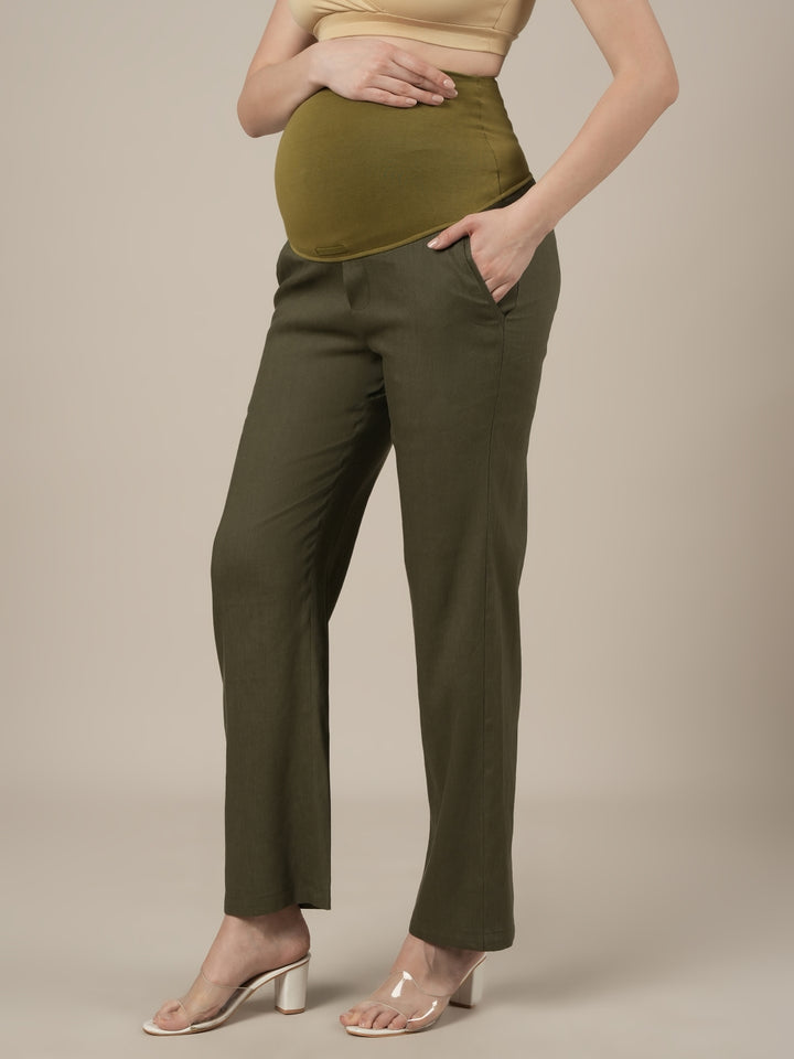 Stretchy Cotton Linen Wide Leg Maternity Trousers-Olive Green