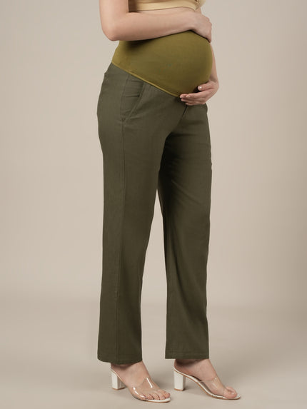 Stretchy Cotton Linen Wide Leg Maternity Trousers-Olive Green