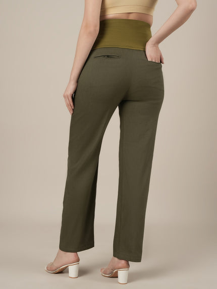 Stretchy Cotton Linen Wide Leg Maternity Trousers-Olive Green