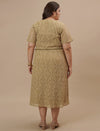 Plus-size woman in back view wearing Olive Green Plus Size Lace Dress with zip closure and lace overlay