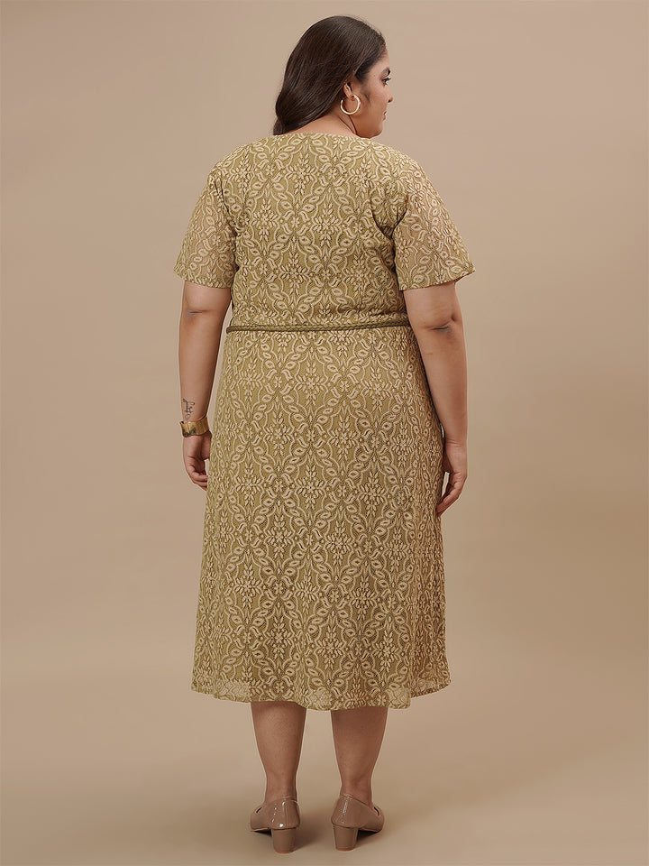 Plus-size woman in back view wearing Olive Green Plus Size Lace Dress with zip closure and lace overlay