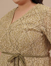 Close-up view of Olive Green Plus Size Lace Dress showing intricate lace pattern and soft fabric texture