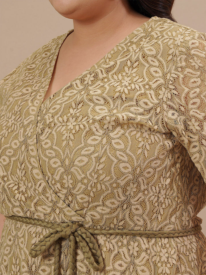 Close-up view of Olive Green Plus Size Lace Dress showing intricate lace pattern and soft fabric texture