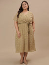 Plus-size woman in front angle view wearing Olive Green Plus Size Lace Dress with floral lace and fitted waist