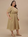 Plus-size woman in right side view wearing Olive Green Plus Size Lace Dress with scalloped hem and lace design