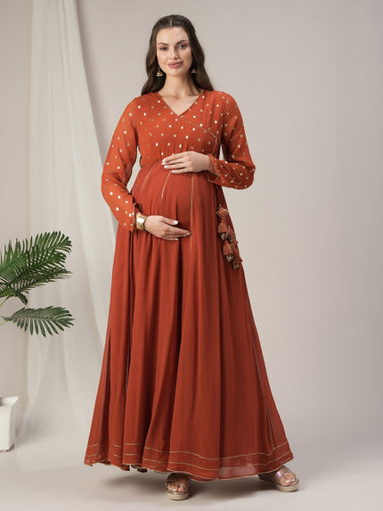 Orange Foil Print Maternity & Nursing Anarkali Gown Orange Foil Print Maternity & Nursing Anarkali Gown