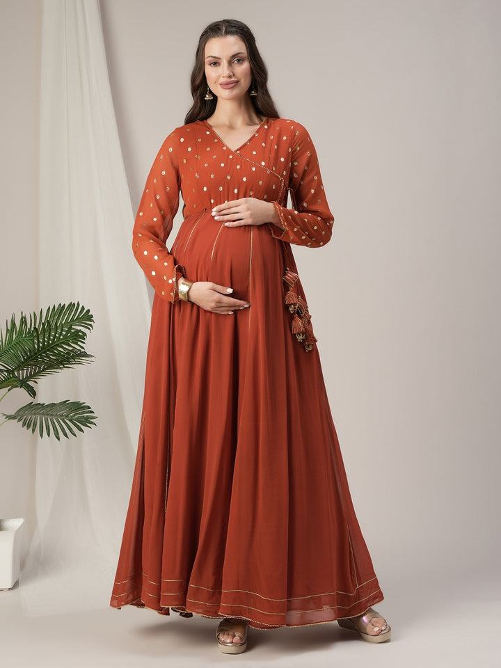 Orange Foil Print Maternity & Nursing Anarkali Gown with Dupatta