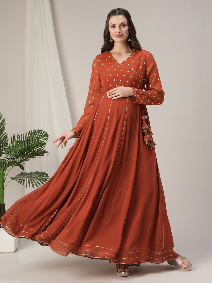 Orange Foil Print Maternity & Nursing Anarkali Gown with Dupatta