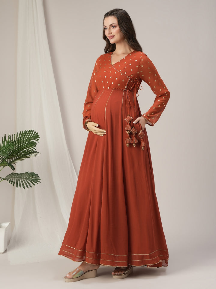 Orange Foil Print Maternity & Nursing Anarkali Gown with Dupatta