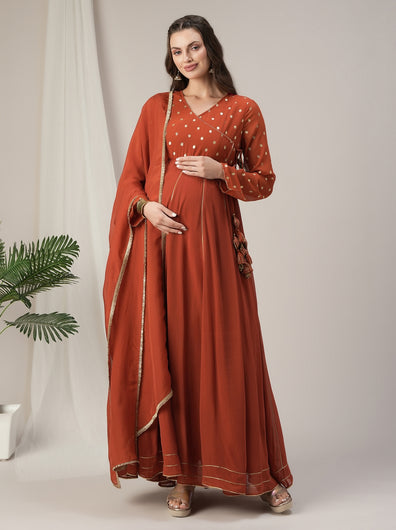 Orange Foil Print Maternity & Nursing Anarkali Gown with Dupatta