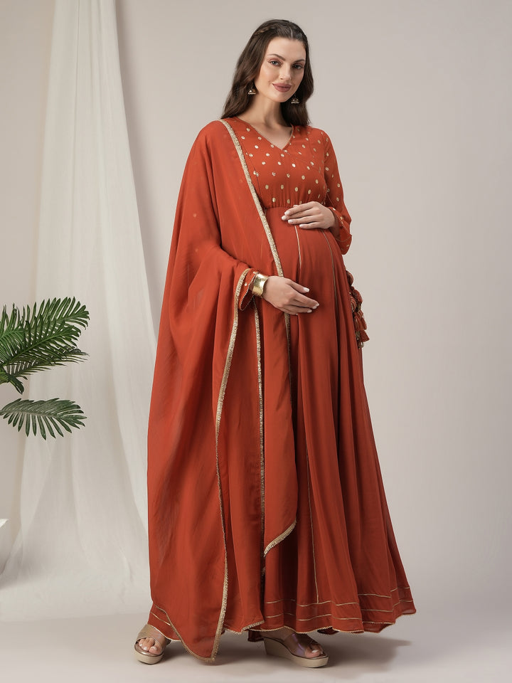 Orange Foil Print Maternity & Nursing Anarkali Gown with Dupatta