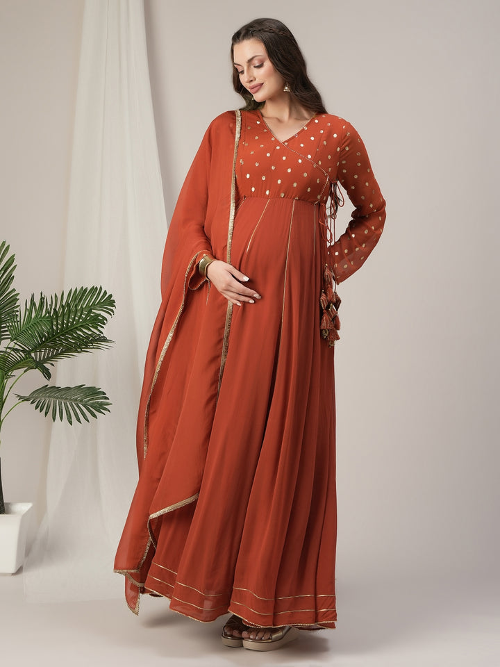 Orange Foil Print Maternity & Nursing Anarkali Gown with Dupatta