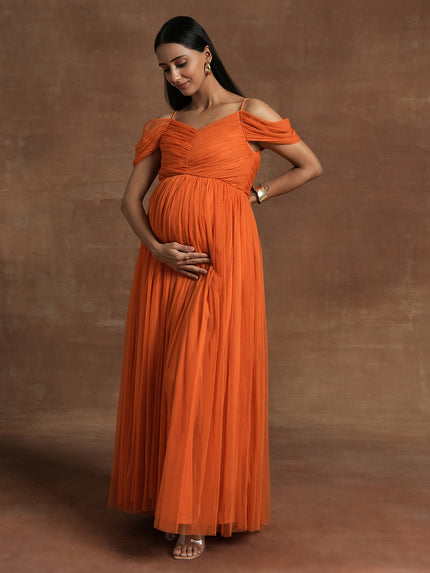 orange maternity maxi dress Orange Off Shoulder Side Slit Ruffle Photoshoot Maternity Maxi Dress