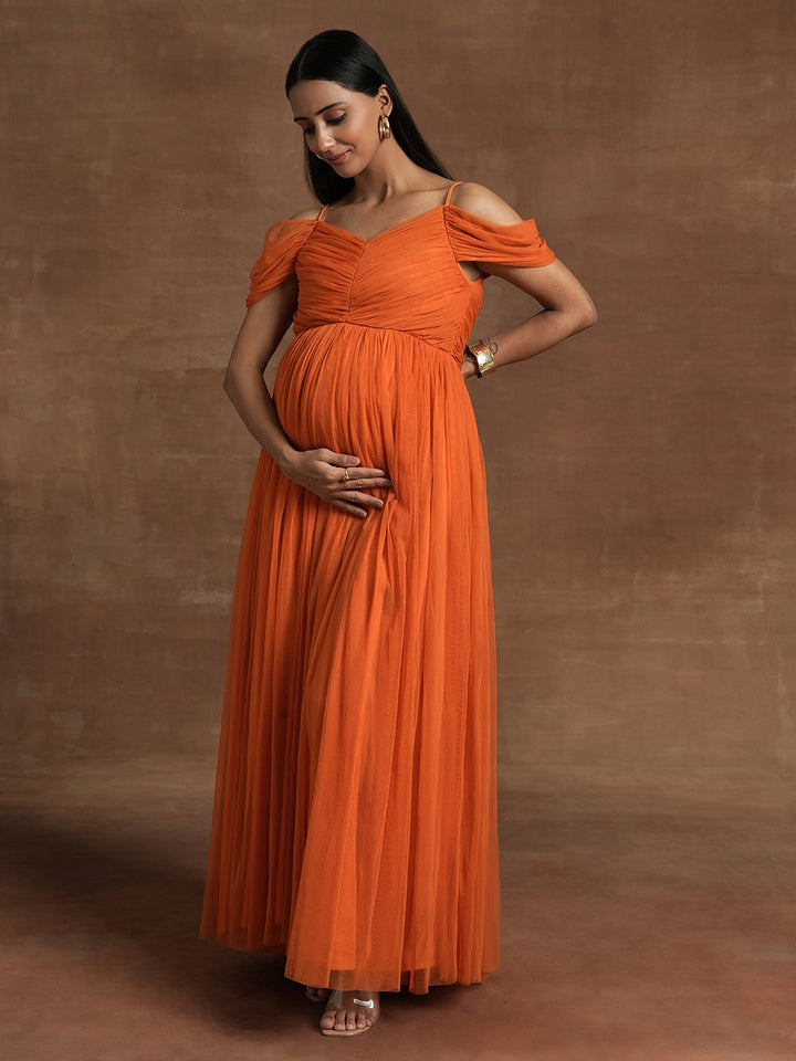 Romantic Tulle Maternity Maxi Dress- Orange